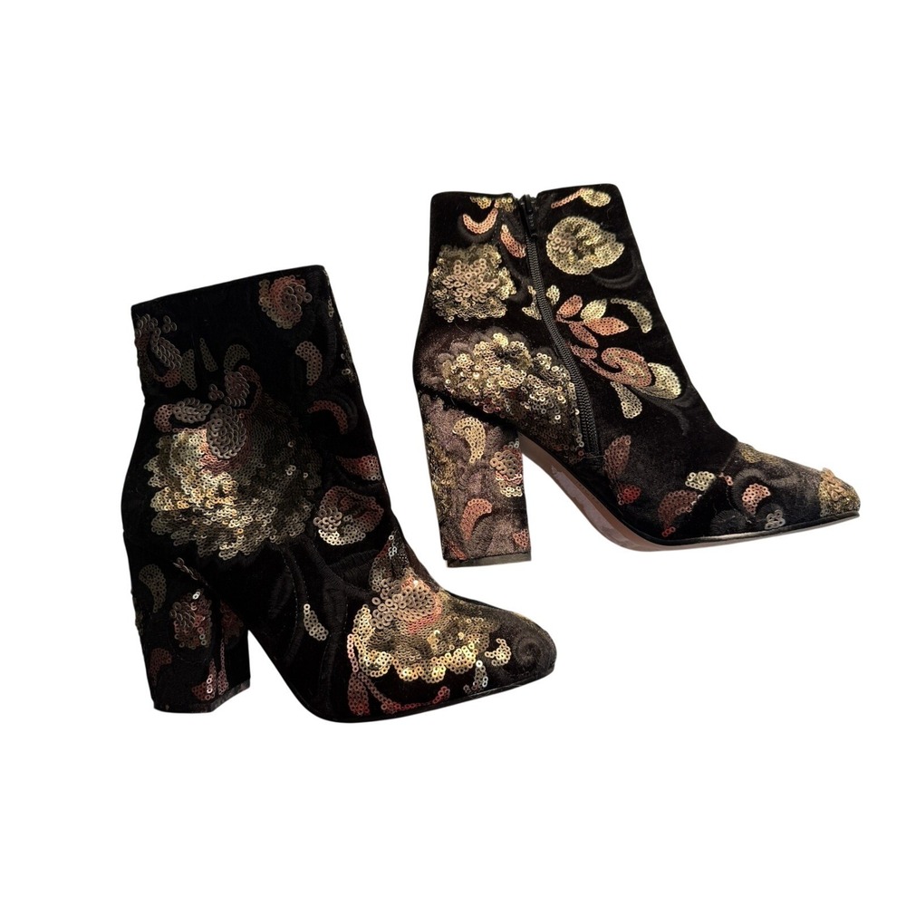 Black Velvet Booties/Embroidered/Sequins-Side Zip-SZ 8.5